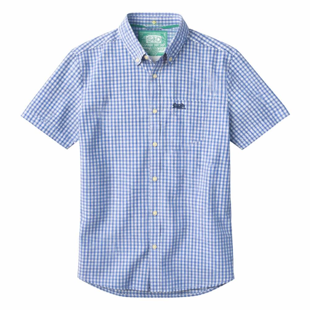 Superdry S&D Plaid Button Down Shirt Blue White Short Sleeve Small